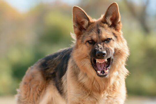 German Shepherd bares teeth, showing aggression