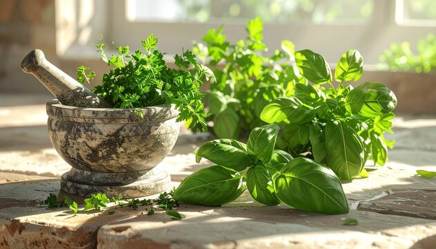 Fresh organic basil and green herbs next to a stone mortar and pestle on a rustic table in bright natural light