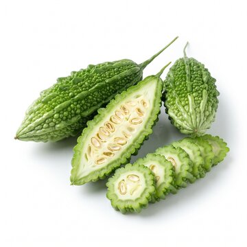 Fresh bitter melon (Momordica charantia) ready for a delicious dish. Isolated on white background.