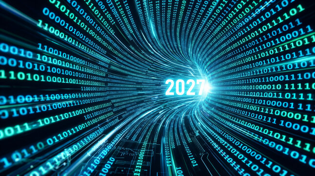 Abstract digital data tunnel displaying the year 2027 in binary code matrix