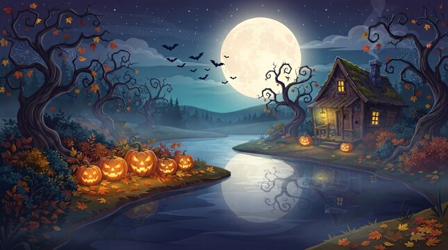 Halloween landscape with river illuminated pumpkins and a full moon at night