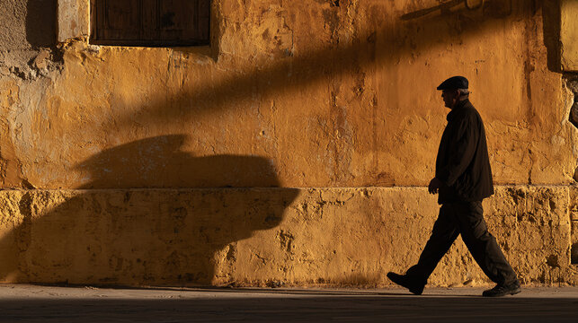 Dramatic shadow play shows a person walking past a textured wall during the day with clear outlines of shadows cast on the surface