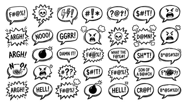 Speech Bubbles with Swear Words and Emoticons, Hand-Drawn Style