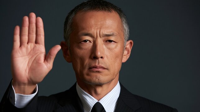 手のひらを上げて「ストップ」や「拒否」の意思表示をするシリアスな日本人男性