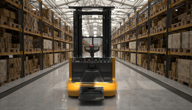 A forklift in a modern warehouse among the shelves