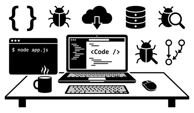 Computer Coding Concept with Network Server, Cloud, Brackets, and Bug Icons in Monochrome Vector Style