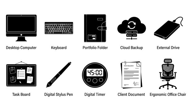 Cloud Backup Icon Set with Desktop Computer, Keyboard, Folder, External Drive, Timer, and Office Chair