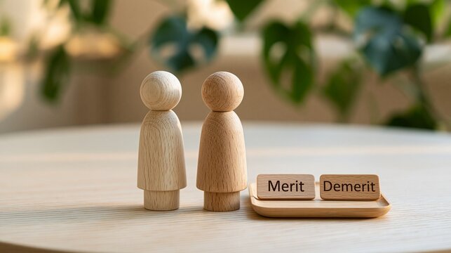 「Merit」と「Demerit」のブロックと見つめ合う木製人形の比較概念