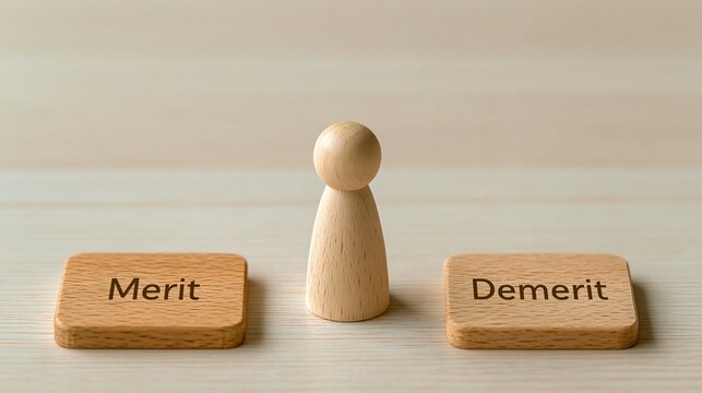 「Merit」と「Demerit」のブロックの間に立つ木製人形の比較概念