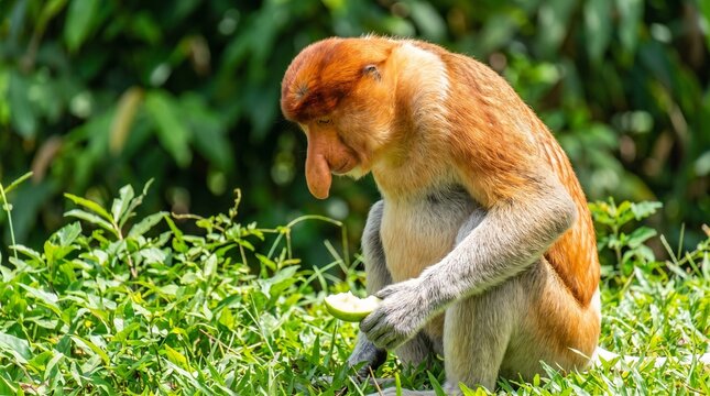 A wild proboscis monkey sitting in the green grass eating a piece of fruit.