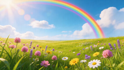 Fototapeta premium Colorful flowers under rainbow in field