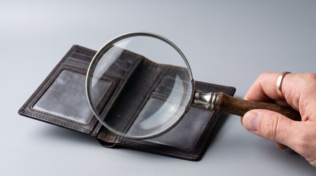 Close-up inspection of a leather wallet with a magnifying glass, illustrating financial scrutiny, fraud prevention, document review and careful examination of personal assets