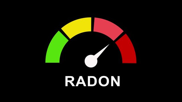 Radon gas level gauge indicator animation, safety measurement meter showing risk warning for environmental health and home inspection analysis