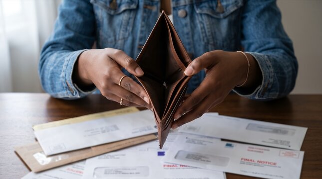 Hands holding an empty leather wallet over household documents and bills, illustrating budget shortage, financial hardship and difficulty covering expenses