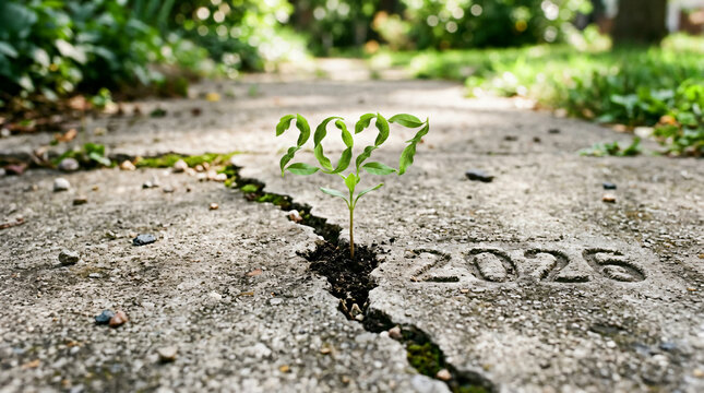 Small green plant sprouting from concrete crack with year 2027 numbers, concrete