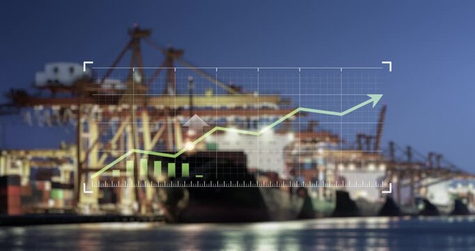 Container port with cargo ships, rising market chart overlay, global shipping growth, import export trade, maritime logistics, supply chain expansion, international commerce and economic recovery.