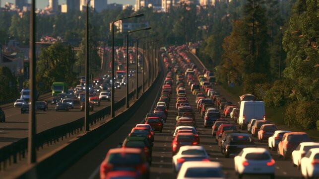 Traffic congestion on a busy highway during rush hour in a cityscape with tall buildings and vibrant greenery surrounding the road