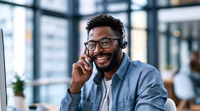Warmly smiling Black customer service agent in open office assisting client