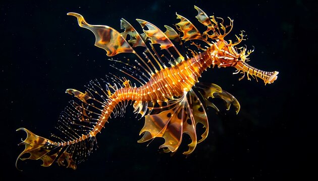 Vibrant Leafy Seadragon Floating in Dark Underwater Background