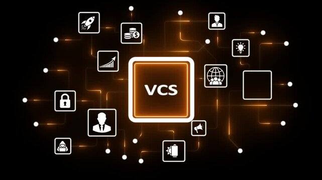 Central VCS icon connected to various business and technology icons in a network on a dark background