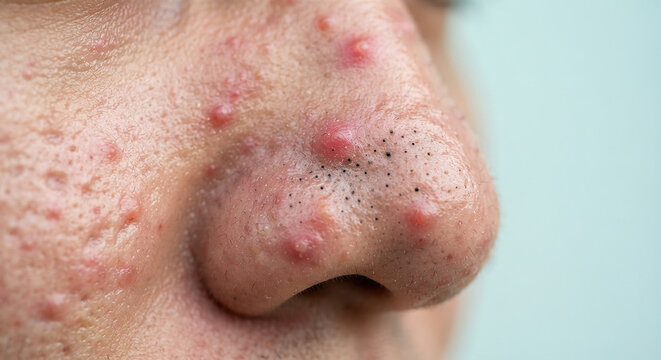 Close-up of facial skin with acne and open comedones on nose and cheeks