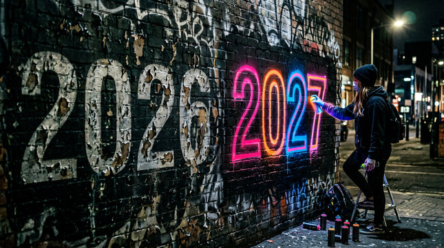 Street artist painting glowing 2027 neon numbers on urban wall with graffiti