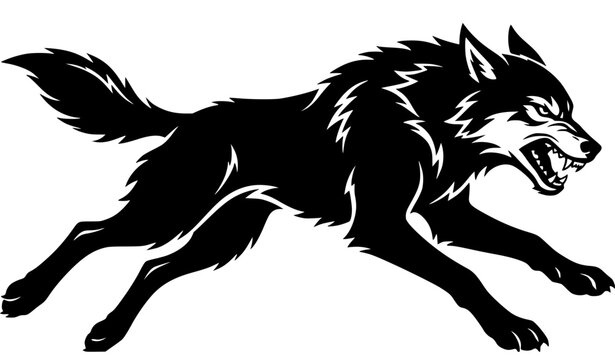 Detailed Running Snarling Wolf Black Silhouette Vector for Wildlife and Logo Design