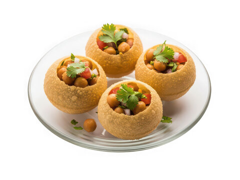 Fresh pani puri street food served on a small glass plate isolated on transparent background