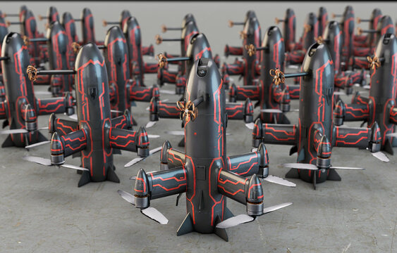 Anti-drone system.Next-generation interceptor drones on the warehouse floor