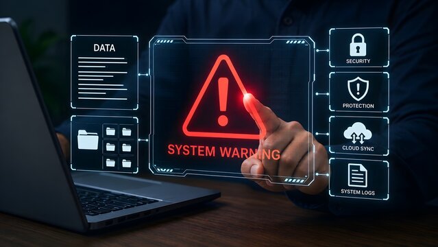 System warning error alert on digital security interface showing cybersecurity threat and data protection vulnerability.