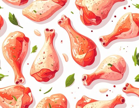 Seamless raw chicken drumstick pattern, flat 2D illustration, fresh chicken legs and wings arranged evenly
