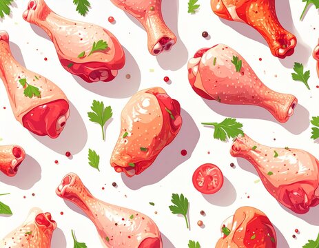 Seamless raw chicken drumstick pattern, flat 2D illustration, fresh chicken legs and wings arranged evenly
