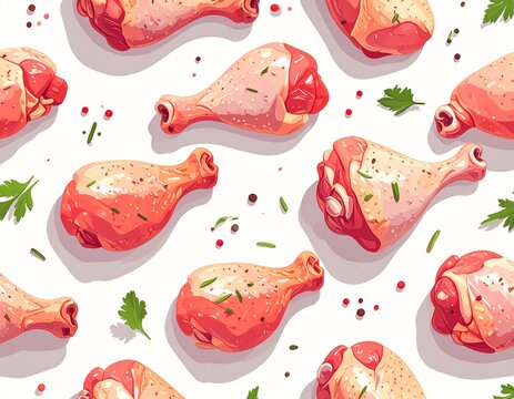 Seamless raw chicken drumstick pattern, flat 2D illustration, fresh chicken legs and wings arranged evenly