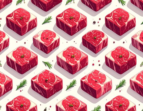 Seamless raw beef steak pattern, flat 2D illustration, fresh red beef cuts and ribeye steaks arranged evenly