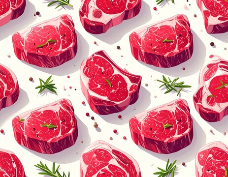 Seamless raw beef steak pattern, flat 2D illustration, fresh red beef cuts and ribeye steaks arranged evenly