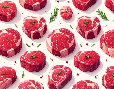 Seamless raw beef steak pattern, flat 2D illustration, fresh red beef cuts and ribeye steaks arranged evenly