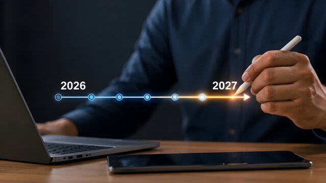 Strategic business roadmap and annual transition with professional drawing a digital timeline representing future corporate planning and progress.