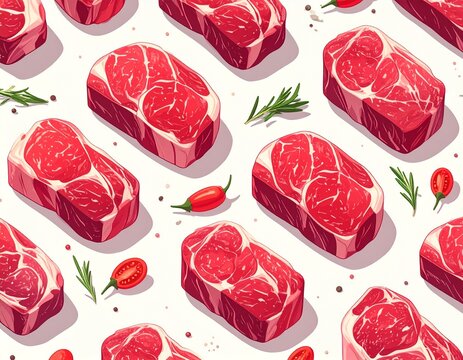 Seamless raw beef steak pattern, flat 2D illustration, fresh red beef cuts and ribeye steaks arranged evenly