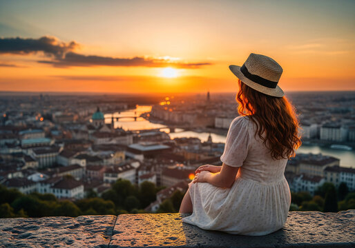 A woman in a floral dress and straw hat sits on a balcony overlooking the city as the sun sets.