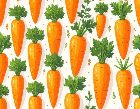Seamless carrot pattern, flat 2D illustration, bright orange carrots with green leafy tops arranged evenly,