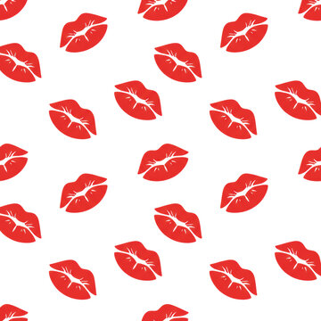 A seamless repeating vector pattern of stylized bright scarlet red lipstick kiss marks on a transparent background, creating a playful romantic design concept