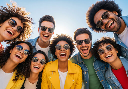 This joyful image captures a group of friends relaxing at the beach, smiling and wearing sunglasses in a carefree atmosphere filled with sunshine and happiness.