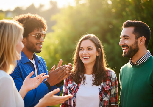 Four friends outdoors on a bright summer day. The young people enjoy a relaxed picnic and camaraderie in a green park. The group of friends are smiling in the garden.