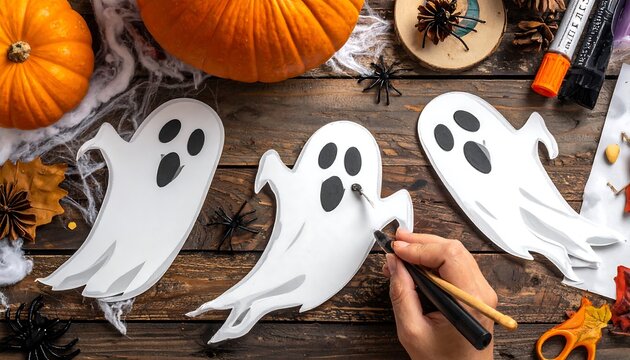 Creative Halloween Ghost Paper Cutouts Being Drawn on Rustic Wooden Table with Pumpkins