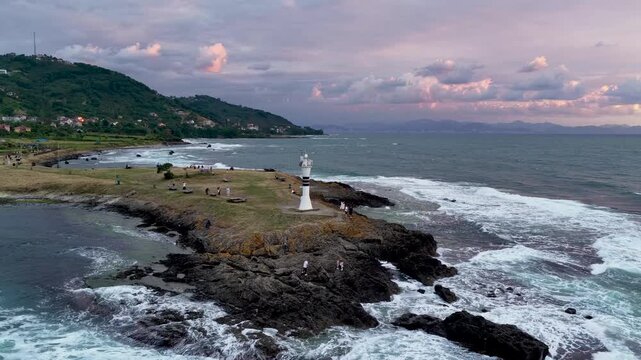 Aerial drone panorama landscape of Yason Burnu (aka Cape Yason) and its lighthouse. Located at Persembe, Ordu, Black Sea region of Turkey