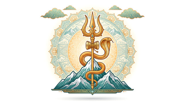 Centered symmetrical Shiva emblem with mountain and trident on white