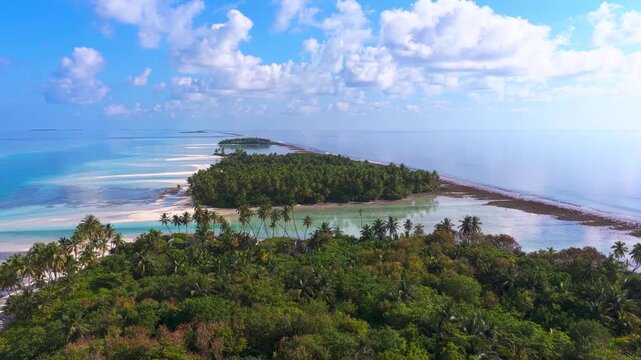 Narrow tropical island covered with lush green palm trees