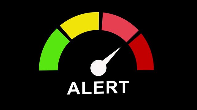 Animated alert gauge meter with moving needle indicating risk levels for business risk assessment and performance monitoring dashboard