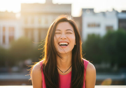 Joyful young Asian women with flowing auburn hair laughing with eyes closed and sunlight glinting transparent background