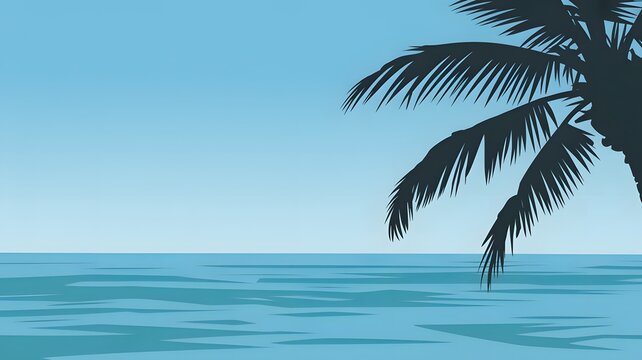 Palm tree silhouette looming over calm blue ocean waters under a clear sky rendered in a simple flat vector illustration